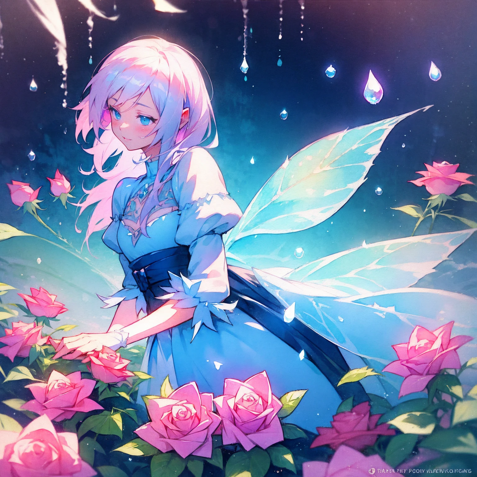 Watercolor, fairy princess girl, water, roses, water drops, highly detailed,