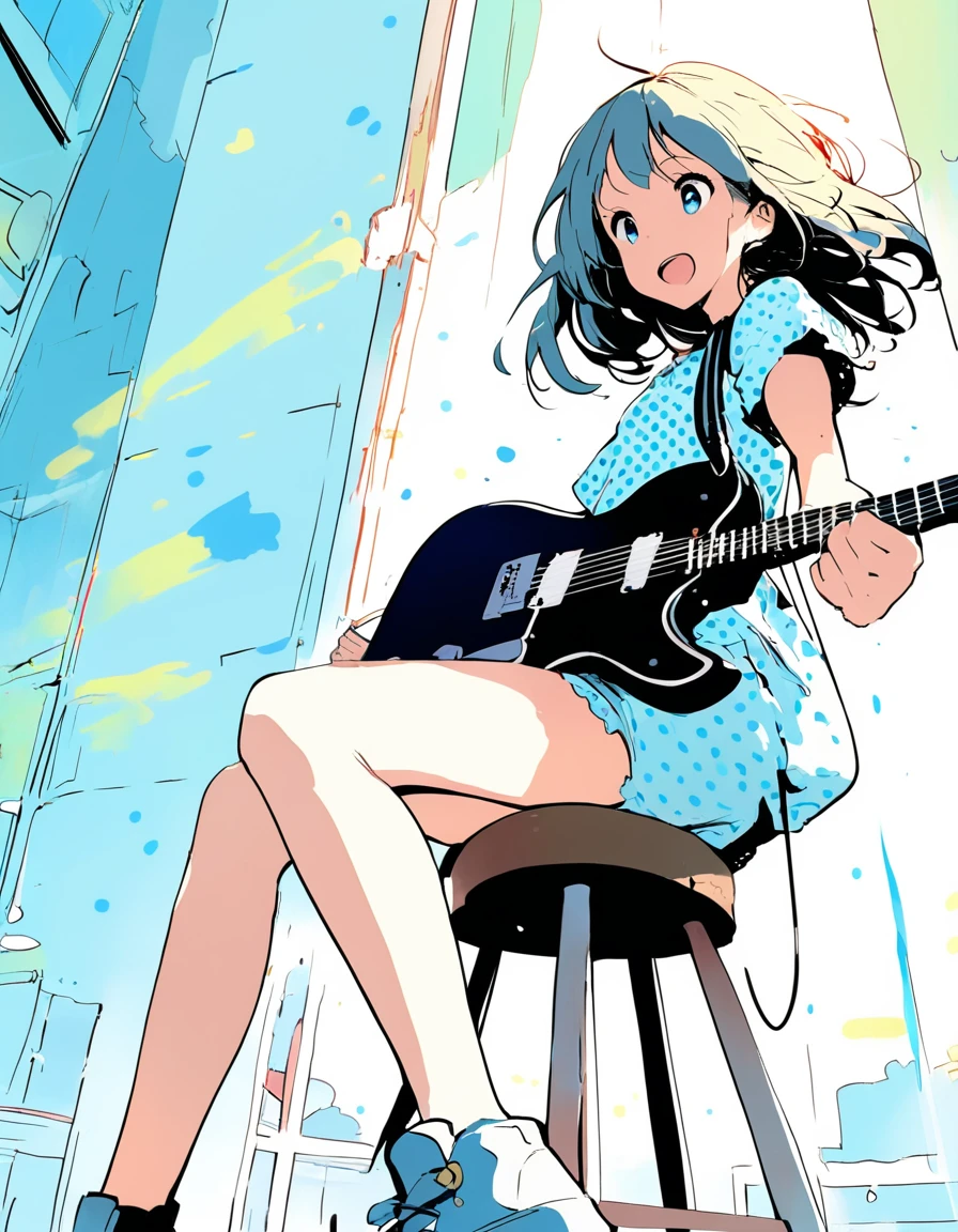 extremely clear 8K wallpaper, extremely delicate and detailed face:1.3, absurdres, masterpiece, pixiv contest winner, from below, by Demizu Posuka, Dynamic manga-style illustration of A girl is tuning the sound by turning the pegs after changing the strings of an electric guitar., The girl is sitting on a stool., The guitar is a Telecaster that looks like it has been played for many years, and the light blue paint is peeling off in places., The girl is wearing a polka-dot shirt., She was taking glee as if she couldn't help but feel excited.,