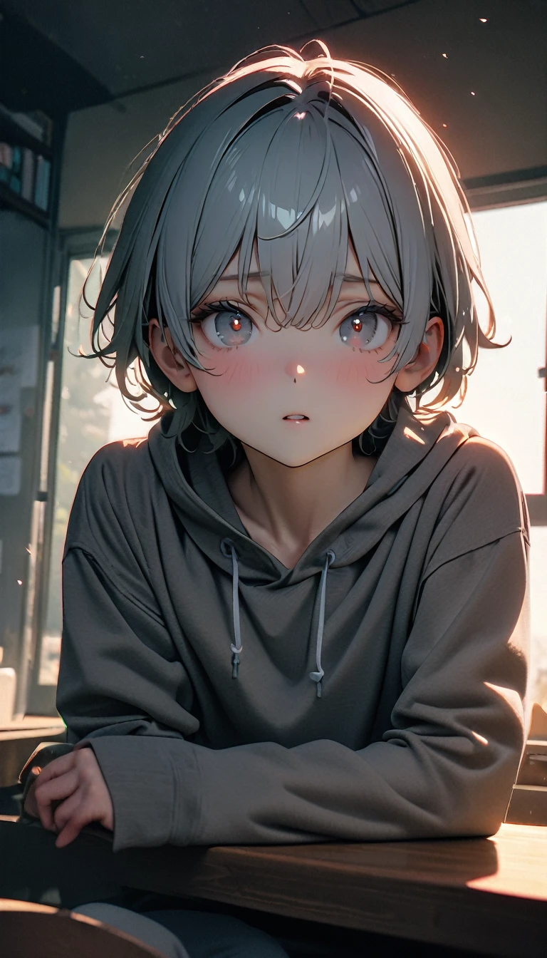 (8K, RAW photos, best quality, masterpiece: 1.4), (((The boy sits at the desk))),Ultra-high resolution, Extremely detailed, light, Eye close-up, handsome boy, black eyes, (delicate eyes, Eyes are bright:1.2), Gray short hair, Fair skin,dark, Grey sweatshirt, sweatshirt with hood,(perfect anatomy:1.2), High-quality shadows, Natural Lighting, (White highlights:1.2), night, cloudy day, (at home:1.2), (Pupil constriction:1.2)