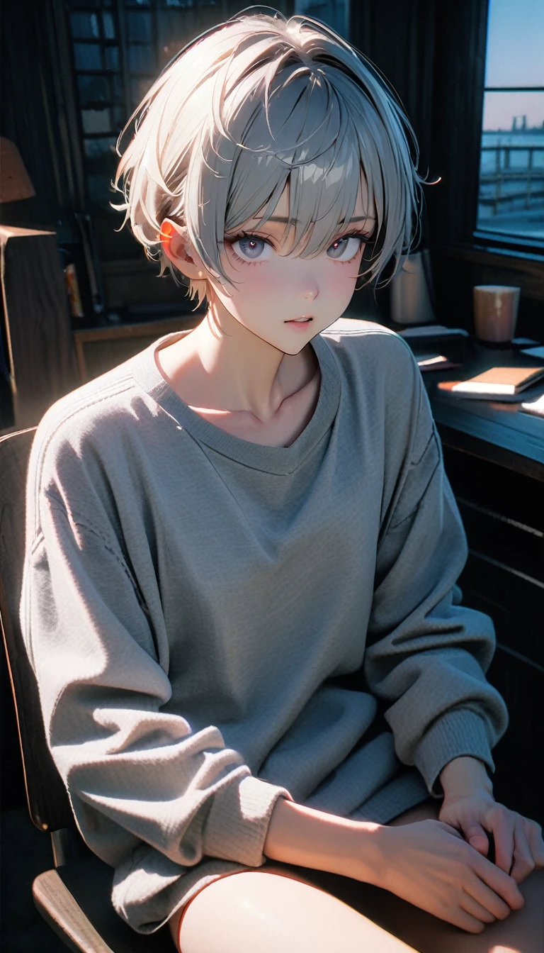 (8K, RAW photos, best quality, masterpiece: 1.4), (((The boy sits at the desk))),Ultra-high resolution, Extremely detailed, light, Eye close-up, handsome boy, black eyes, (delicate eyes, Eyes are bright:1.2), Gray short hair, Fair skin,dark, Grey sweatshirt, sweatshirt with hood,(perfect anatomy:1.2), High-quality shadows, Natural Lighting, (White highlights:1.2), night, cloudy day, (at home:1.2), (Pupil constriction:1.2)
