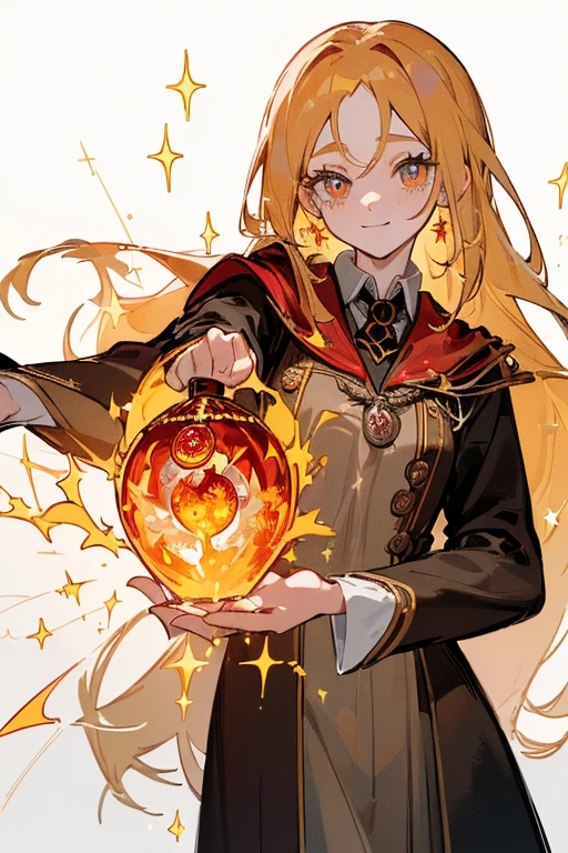 ((, Masterpiece: 1.5, best quality, high resolution: 1.3, super resolution, super detailed, ultra detailed: 1.3, Perfect Anatomy:1.5, 1 woman ) pale skin + long hair like fire + honey eyes + long eyelashes + female figure (hogwarts uniform, Gryffindor colors) ((open eyes, cute friendly expression, sparkle in eyes))
