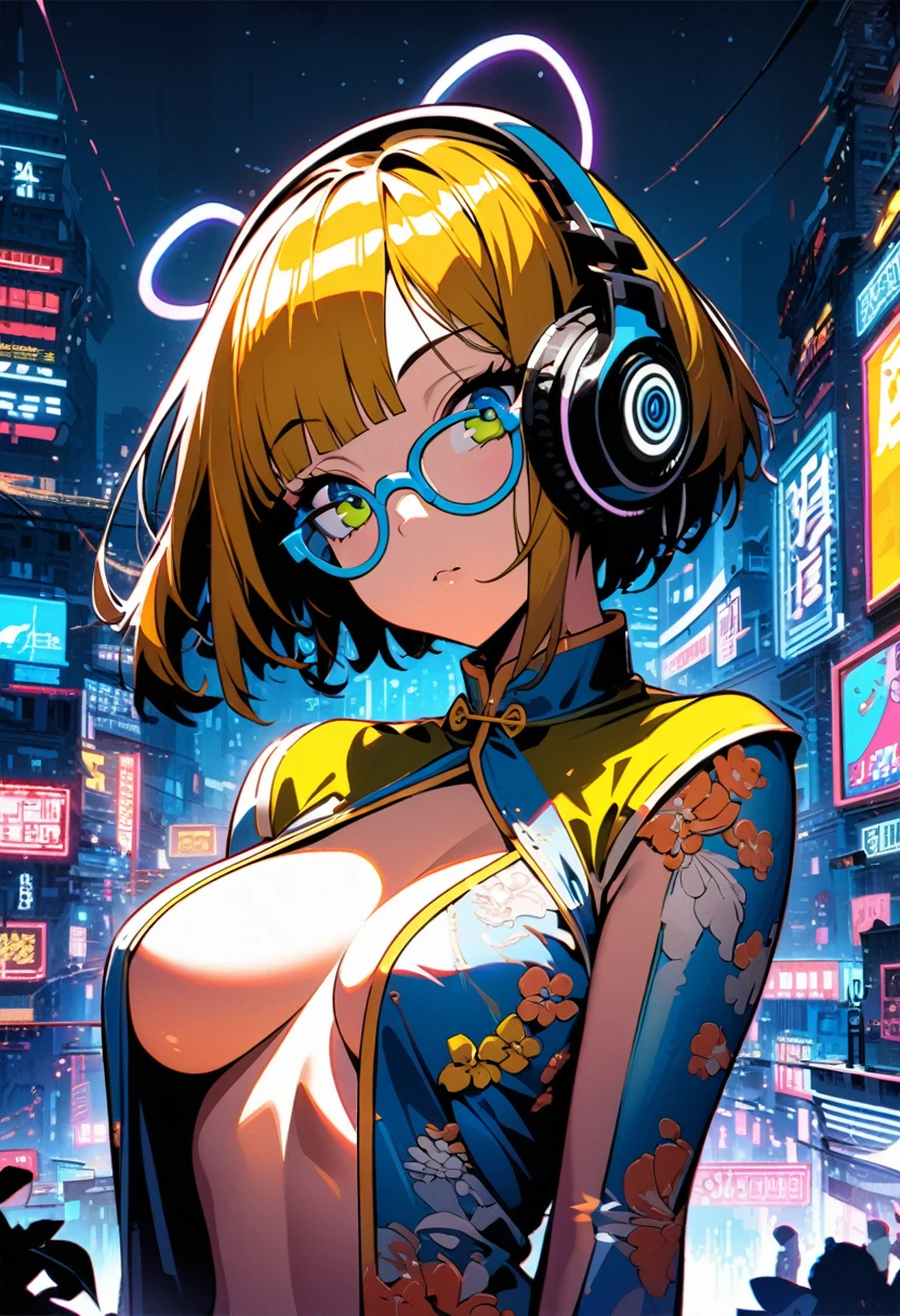 masterpiece, junk art, ultra-detailed illustration, neon night futuristic city of China, cheongsam with open chest, headphones, yellow under-rimmed glasses, girl, short hair, bangs