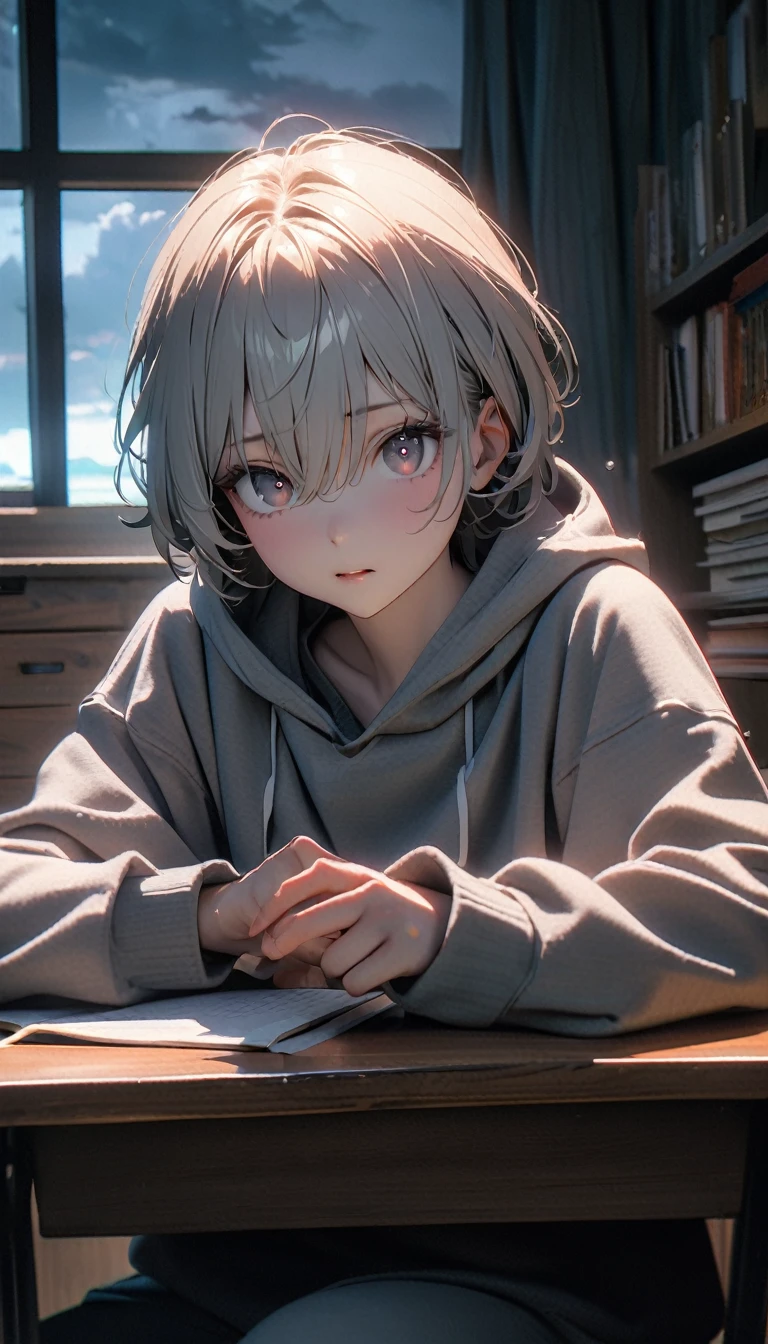 (8K, RAW photos, best quality, masterpiece: 1.4), (((The boy sits at the desk))),Ultra-high resolution, Extremely detailed, light, Eye close-up, handsome boy, black eyes, (delicate eyes, Eyes are bright:1.2), Gray short hair, Fair skin,dark, Grey sweatshirt, sweatshirt with hood,(perfect anatomy:1.2), High-quality shadows, Natural Lighting, (White highlights:1.2), night, cloudy day, (at home:1.2), (Pupil constriction:1.2)