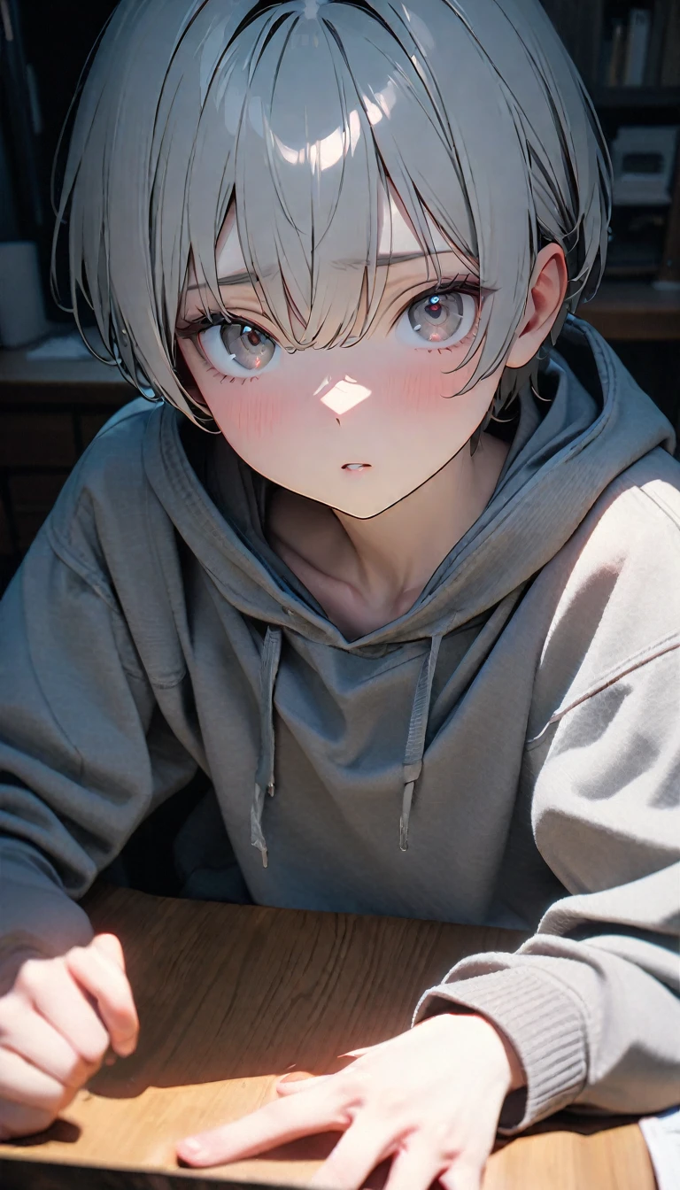 (8K, RAW photos, best quality, masterpiece: 1.4), (((The boy sits at the desk)))，Ultra-high resolution, Extremely detailed, light, Eye close-up, handsome boy, black eyes, (delicate eyes, Eyes are bright:1.2), Gray short hair, Fair skin,dark, Grey sweatshirt, sweatshirt with hood,(perfect anatomy:1.2), High-quality shadows, Natural Lighting, (White highlights:1.2), night, cloudy day, (at home:1.2), (Pupil constriction:1.2)