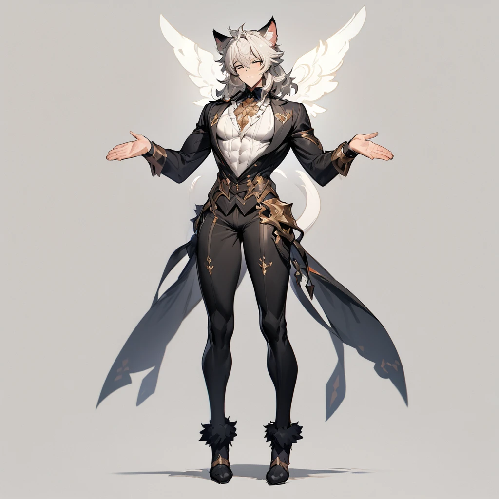 ((masterpiece)), (ultra detailed), (best quality), simple background, (style of fantasy), (in t-pose, full body, hands up), absurdres, perfect anatomy(angelic handsome boy, kemono)(furry anthro),