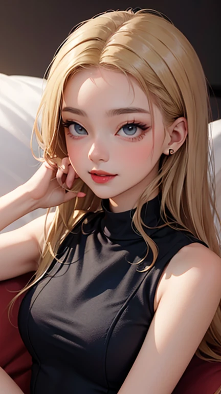 blush a little and smile, (Top quality masterpiece:1.2) Delicate illustrations, Very detailed, /Beautiful Japanese Women、1 person,Very cute and slim、Great style 、((8K images、super high quality))、Very delicate face, Skin and Hair、beautifule forehead、Red lipstick、(((((Mid-length hair、Blonde、lure))))),Very cute Japanese cut face、Eyes and nose are clearly visible、Kind eyes,((((Sleeveless fashion))))