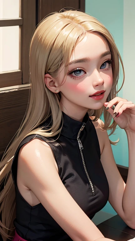 blush a little and smile, (Top quality masterpiece:1.2) Delicate illustrations, Very detailed, /Beautiful Japanese Women、1 person,Very cute and slim、Great style 、((8K images、super high quality))、Very delicate face, Skin and Hair、beautifule forehead、Red lipstick、(((((Mid-length hair、Blonde、lure))))),Very cute Japanese cut face、Eyes and nose are clearly visible、Kind eyes,((((Sleeveless fashion))))