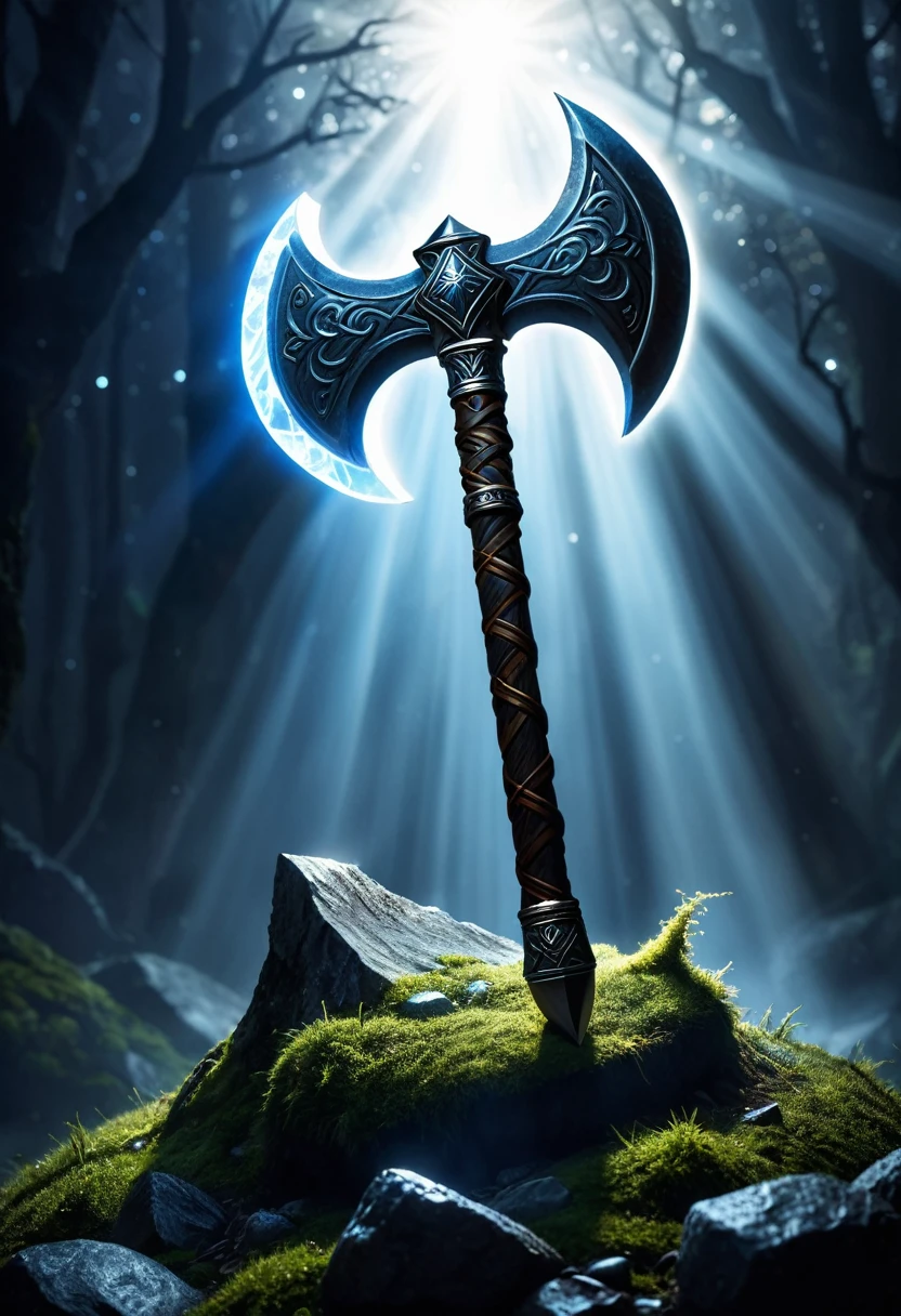 Magic dwarf axe, white glow, blessed by earth, mysterious, fantasy background, professional lighting