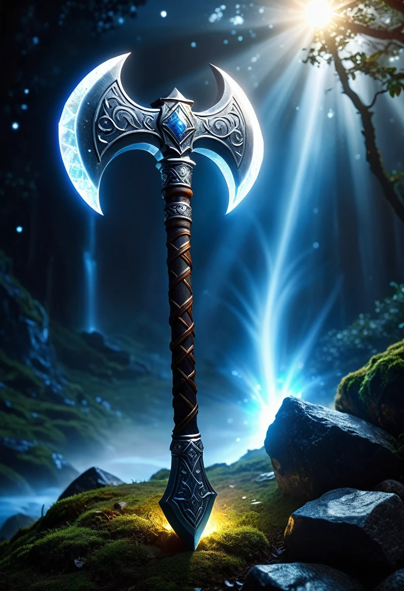 Magic dwarf axe, white glow, blessed by earth, mysterious, fantasy background, professional lighting