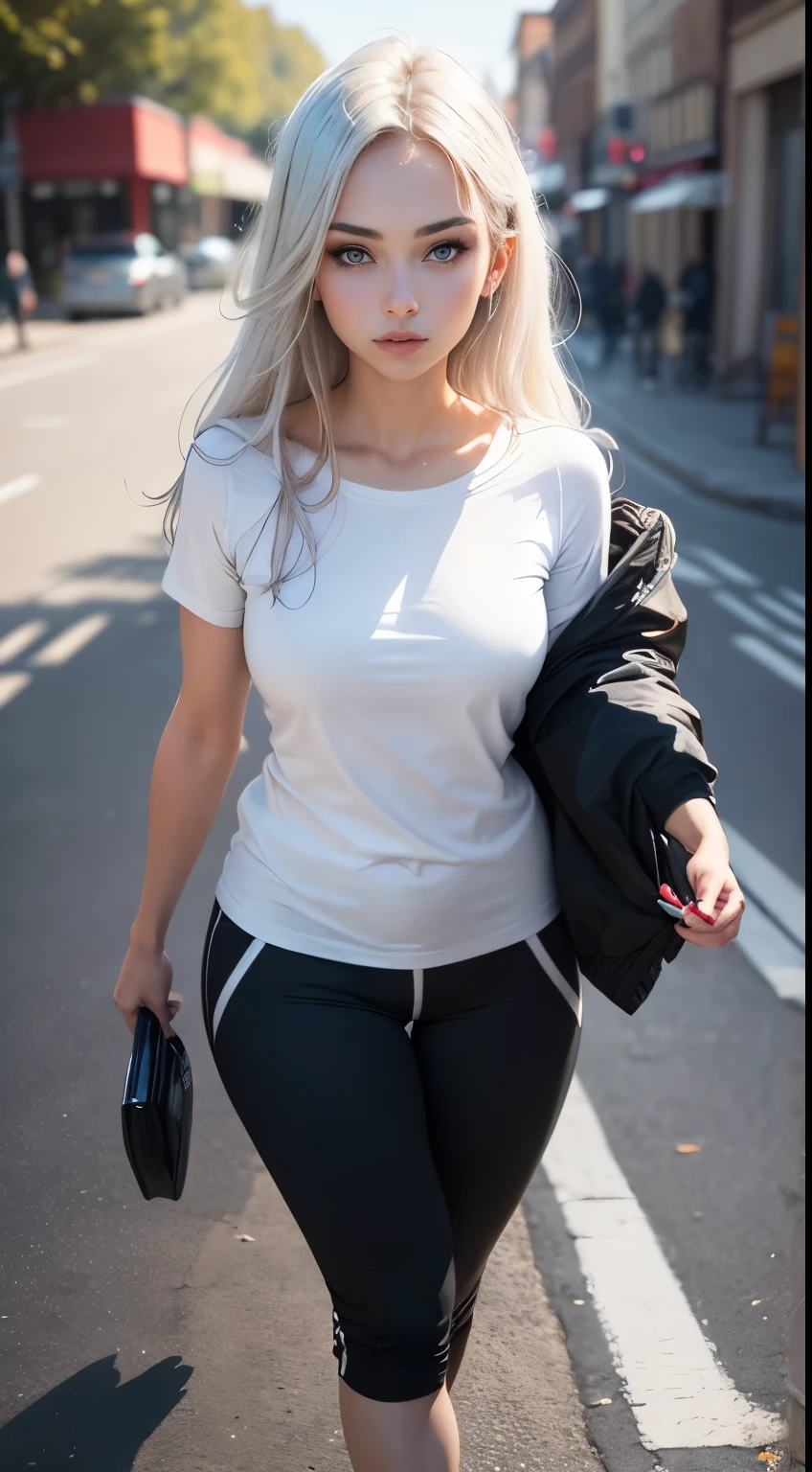 1 girl named Sarah with long blue hair, dyed open hair, long hairstyle, Perfectly detailed face, Young pretty white girl, Heißes Top-Model, Detailed symmetrical light blue eyes with round iris...., Nice, Walking and posing, Look at the observer, 19-year-old girl, looks like Madison Beer, extremely detailed face, Model, realisti, true life, Perfects fotorealistisches Bild, realisti, Hourglass figure, stunning realistic photography, detailed fingers, detailed realistic face, Soft fingers, real human nails, extremely attractive girl, Perfect, detailed tan, big eyes, Perfectly detailed face mit realistischem Teint und feinporiger Haut, small-nose, Model, Perfect posture, Natural limbs, long legs, detailed symmetrical eyeballs, symmetric eyes, realisti eyeballs, realisti detailed eyes, sweet plump closed lips, the picture, no long neck, no long waist, Perfectly proportioned body, seductive glance, Looking in the direction of the viewer, Fascinating facial features, ah high, two arms, two legs, a head, small breasts, realistic natural bodies, realistic shadows, Mystical revelation, 8K, uhd, ((Body facing the viewer, Point to the camera)),
 "wide angle", Full body shot, volle pose, (Photo studio white background), seduce a little, filmic world, Cover image in the center of Hipereallistic, Stunning full color, filmic, neoprene, behance contest winner, Portraits of a, presented at UnsplasH, stylized digital art, smooth, extra high resolution, She wears a large white long T-shirt and black jogging pants Acronym J36-S..... (T-shirt only white), black and white sneakers, (((overhead view))), Instagram model, 80mm ,  Strassenmode , realisti,Round ass