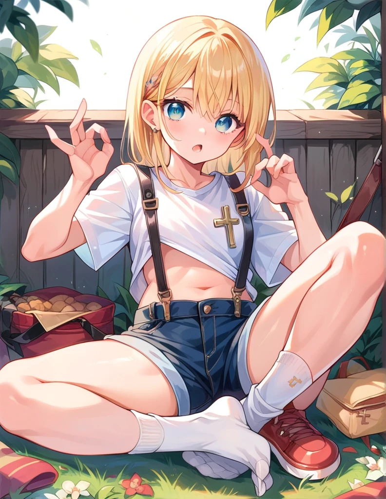 Girl,Sit cross-legged,Suspenders,shorts,sock,Shooting from bottom to top,Biye gesture,Prop up the ground with one hand,