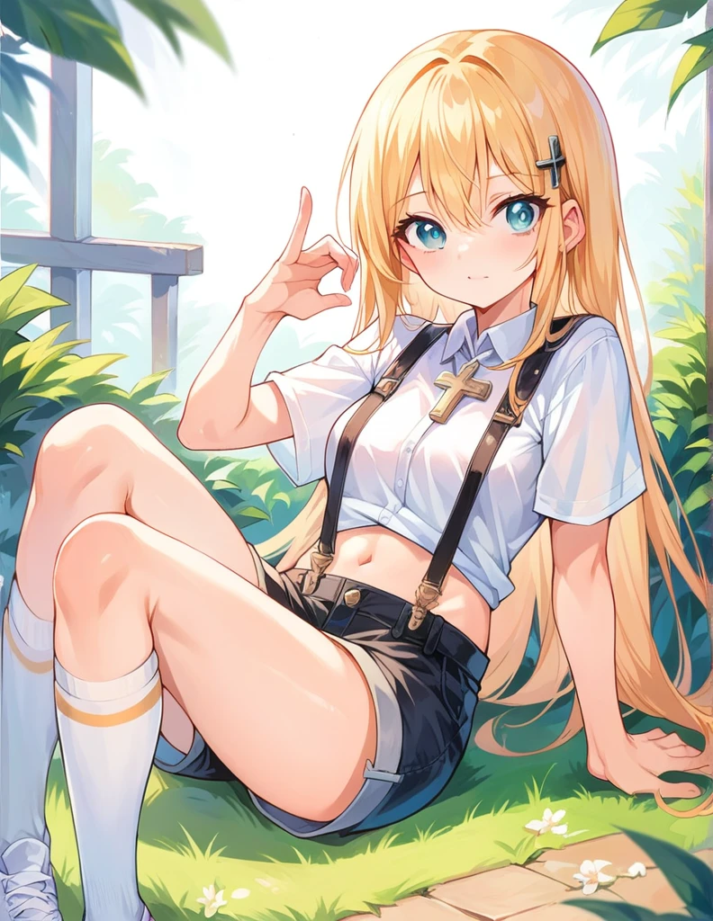 Girl，Sit cross-legged，Suspenders，shorts，sock，Shooting from bottom to top，Biye gesture，Prop up the ground with one hand，