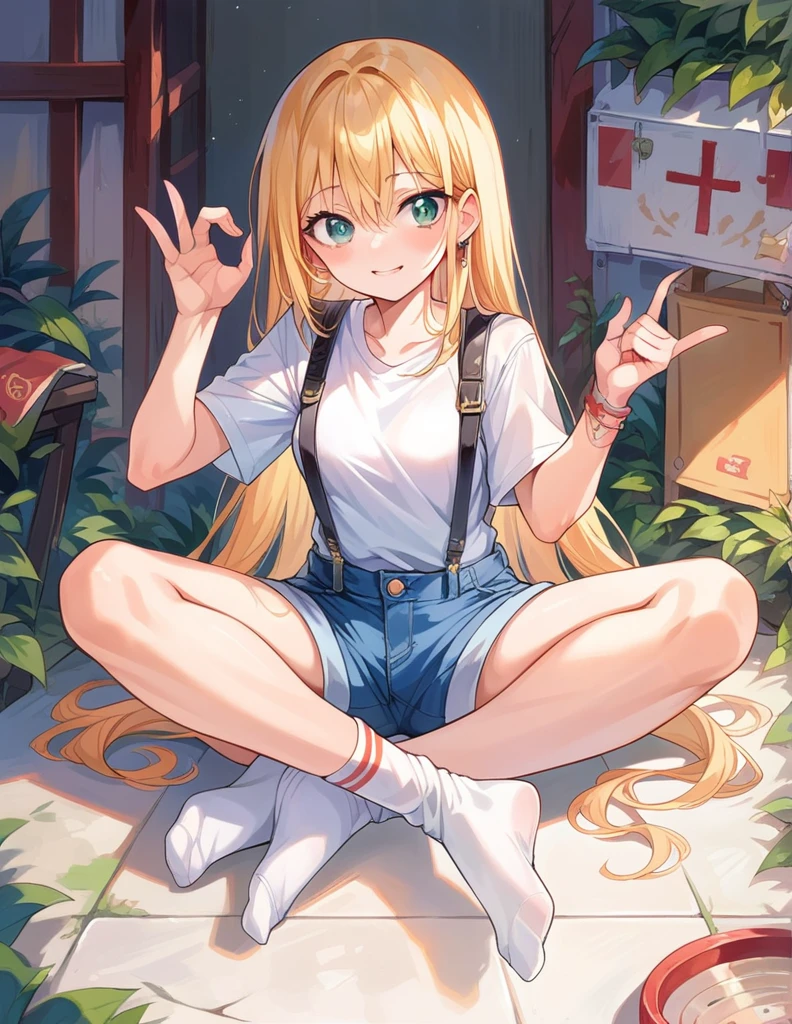 Girl,Sit cross-legged,Suspenders,shorts,sock,Shooting from bottom to top,Biye gesture,Prop up the ground with one hand,