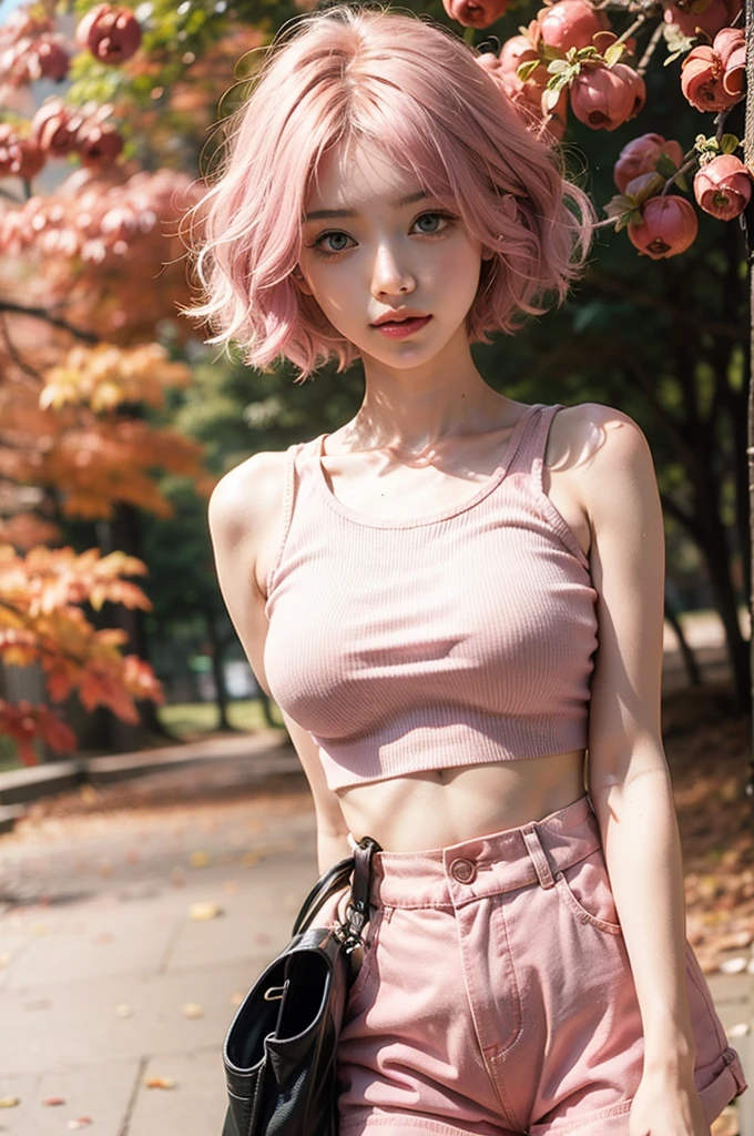 Light pink hair, green eyes, pink, autumn, pink croptop, paint splash, simple background, ray tracing, shorthair, big breast, short pants, tone skin