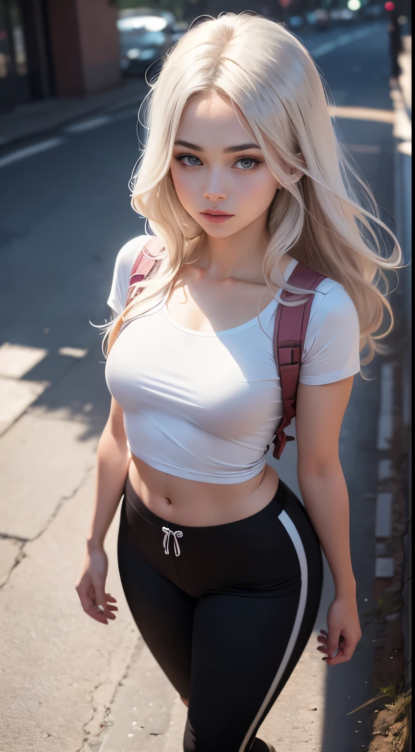 1 girl named Sarah with long blue hair, dyed open hair, long hairstyle, Perfectly detailed face, Young pretty white girl, Heißes Top-Model, Detailed symmetrical light blue eyes with round iris...., Nice, Walking and posing, Look at the observer, 19-year-old girl, looks like Madison Beer, extremely detailed face, Model, realisti, true life, Perfects fotorealistisches Bild, realisti, Hourglass figure, stunning realistic photography, detailed fingers, detailed realistic face, Soft fingers, real human nails, extremely attractive girl, Perfect, detailed tan, big eyes, Perfectly detailed face mit realistischem Teint und feinporiger Haut, small-nose, Model, Perfect posture, Natural limbs, long legs, detailed symmetrical eyeballs, symmetric eyes, realisti eyeballs, realisti detailed eyes, sweet plump closed lips, the picture, no long neck, no long waist, Perfectly proportioned body, seductive glance, Looking in the direction of the viewer, Fascinating facial features, ah high, two arms, two legs, a head, small breasts, realistic natural bodies, realistic shadows, Mystical revelation, 8K, uhd, ((Body facing the viewer, Point to the camera)),
"wide angle", Full body shot, volle pose, (Photo studio white background), seduce a little, filmic world, Cover image in the center of Hipereallistic, Stunning full color, filmic, neoprene, behance contest winner, Portraits of a, presented at UnsplasH, stylized digital art, smooth, extra high resolution, She wears a large white long T-shirt and black jogging pants Acronym J36-S..... (T-shirt only white), black and white sneakers, (((overhead view))), Instagram model, 80mm Strassenmode , realisti,Round ass
