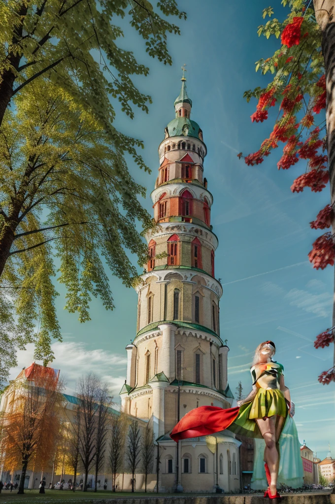 Lituania, pretty women blonde, ((In Vilnius City)), (((the Vilnius cathedrale tower))), (((wear a green top)), (((wear a red skirt)))