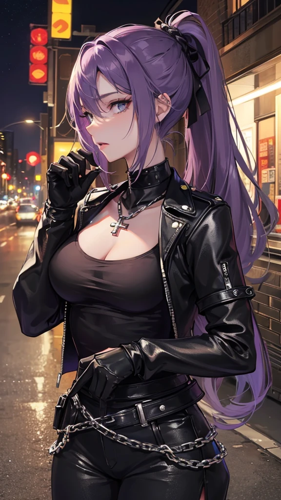 Photograph of the upper body of a beautiful woman, , normal breasts, perfect body), Sharp focus, (tall body, mature woman), ((Looking ahead)), (Highly detailed skin, hair follicles:1.4,) (long ponytail hairstyle ,Purple hair, blue eyes) , (black t-shirt:1.47),(green pants),chain , There are tears. , Cross necklace , wearing a black leather jacket, cross chain, city scenery , punk , night light , high quality ,cold expression, one leather gloves , biker style , cool