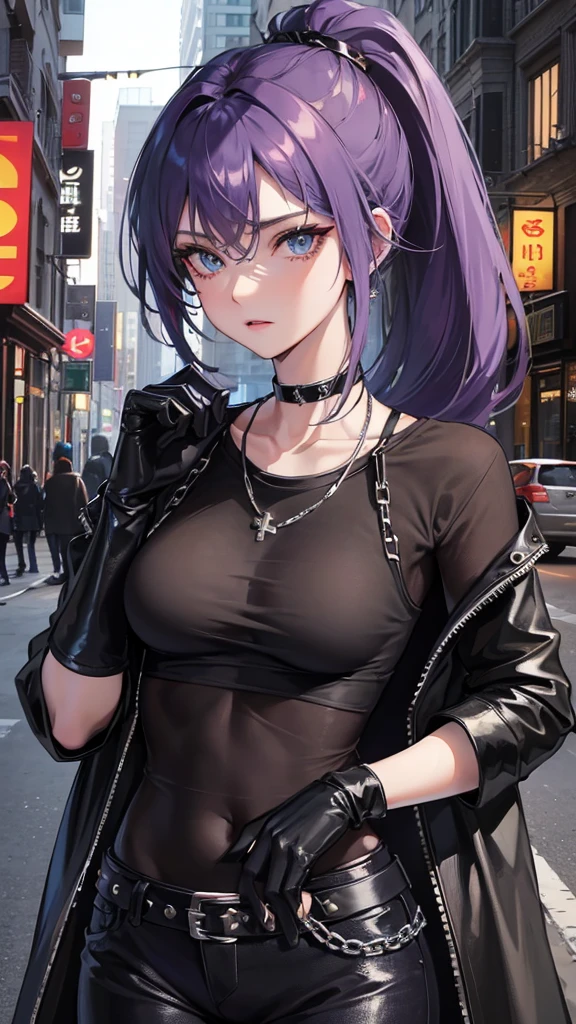 Photograph of the upper body of a beautiful woman, , normal breasts, perfect body), Sharp focus, (tall body, mature woman), ((Looking ahead)), (Highly detailed skin, hair follicles:1.4,) (long ponytail hairstyle ,Purple hair, blue eyes) , (black t-shirt:1.47),(green pants),chain , There are tears. , Cross necklace , wearing a black leather jacket, cross chain, city scenery , punk , night light , high quality ,cold expression, one leather gloves , biker style , cool