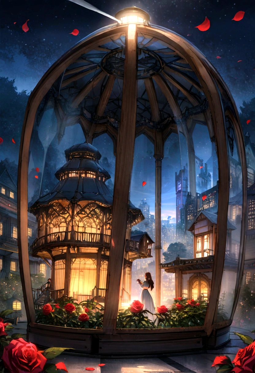 **Panoramic Sky Garden Rose World in a specially shaped transparent glass bottle, city, rose, Petals are flying, Romance, dream, Greg Rutt Koski, night, Red Rose Pavilion, Art Station Trends, Bright light, cigarette, Wood Support, ue4, High resolution, Lighting, winter, AUV --ar 9:16