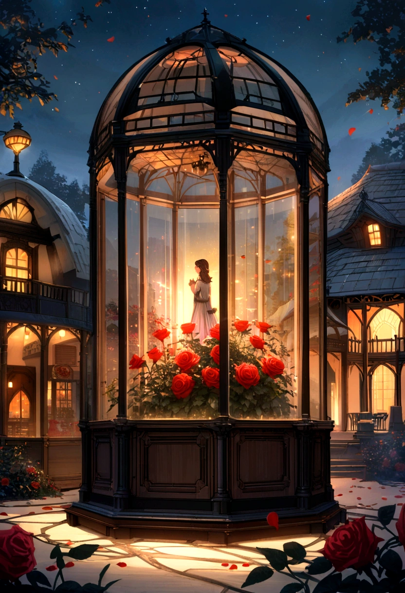 **Panoramic Sky Garden Rose World in a specially shaped transparent glass bottle, city, rose, Petals are flying, Romance, dream, Greg Rutt Koski, night, Red Rose Pavilion, Art Station Trends, Bright light, cigarette, Wood Support, ue4, High resolution, Lighting, winter, AUV --ar 9:16