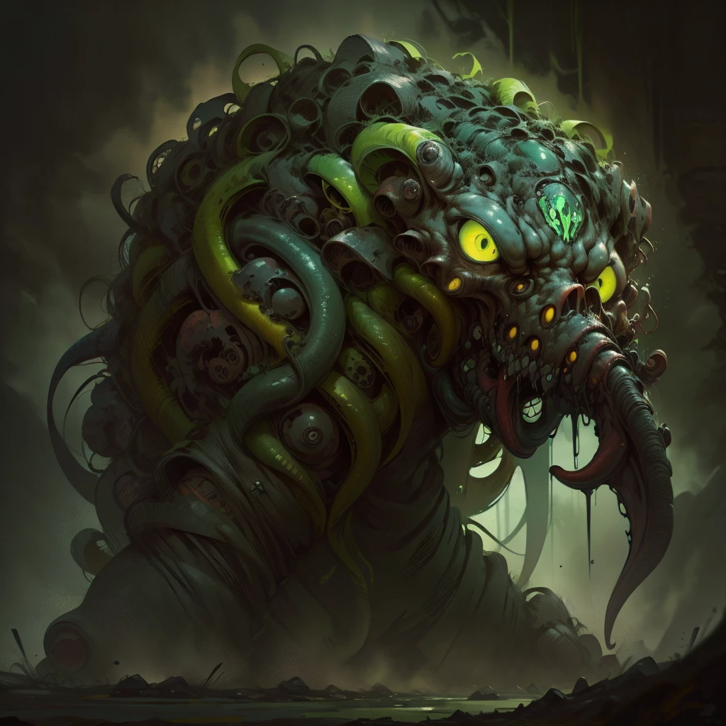 (Best quality,4K,A high resolution,masterpiece:1.2),Extremely detailed and realistic portrait of Cthulhu., creepy and mysterious facial features, tentacle-shaped appendages, sticking out of his face, Intense and piercing yellow eyes, Its body is covered with distinct and complex scales., An ancient and otherworldly creature, gloomy and creepy atmosphere, surreal and nightmarish landscapes, haunting and ominous presence, Lovecraftian horror, Dark blue and green color palette, dramatic and subdued lighting with eerie shadows, unearthly and eerie aura