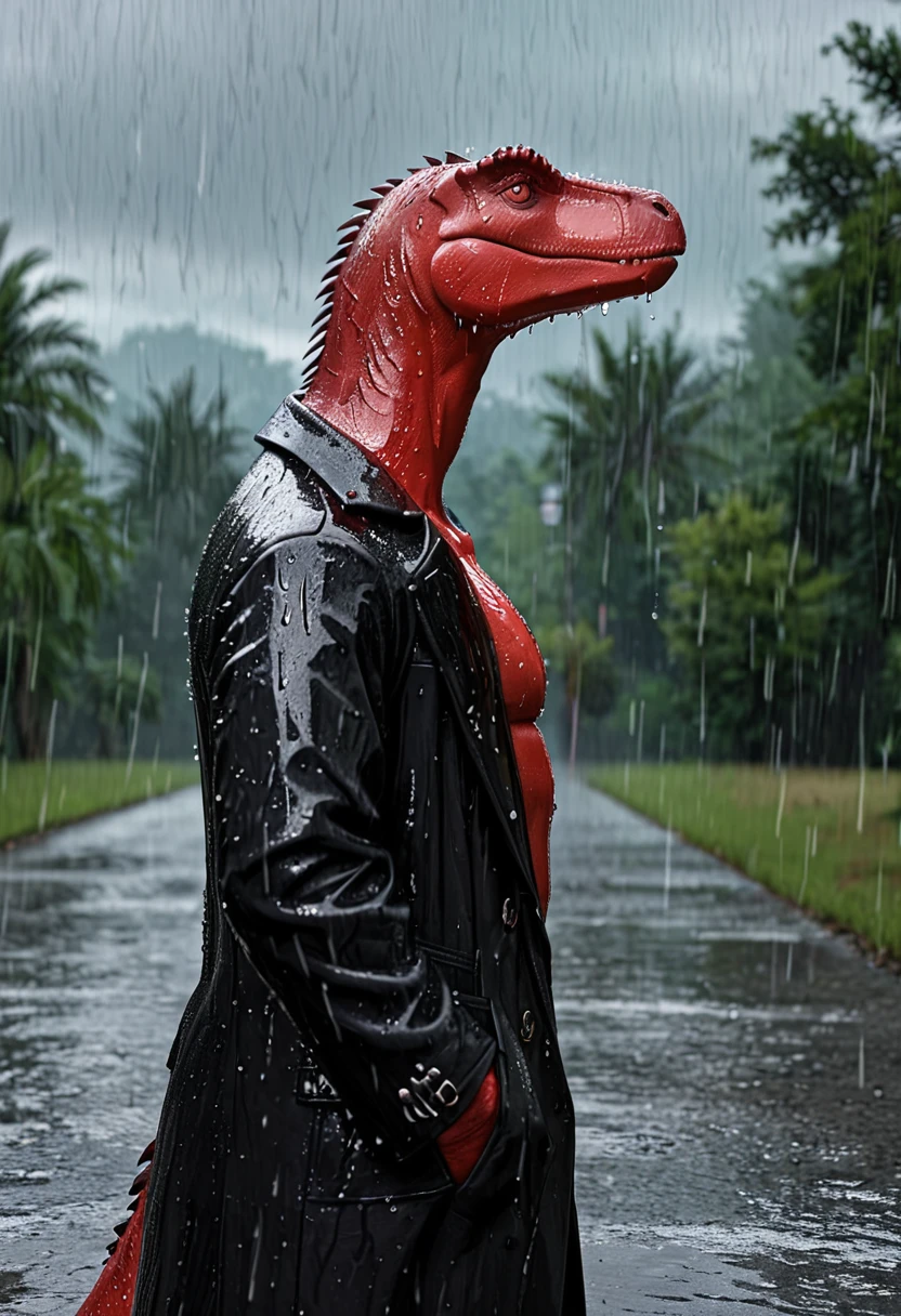 Sexy red dinosaur wearing black trench coat,(No humans),E7E48U,Wet body,rain, Background grassland