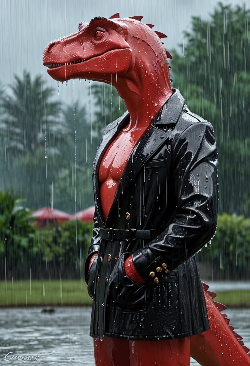 Sexy red dinosaur wearing black trench coat,(No humans),E7E48U,Wet body,rain, Background grassland
