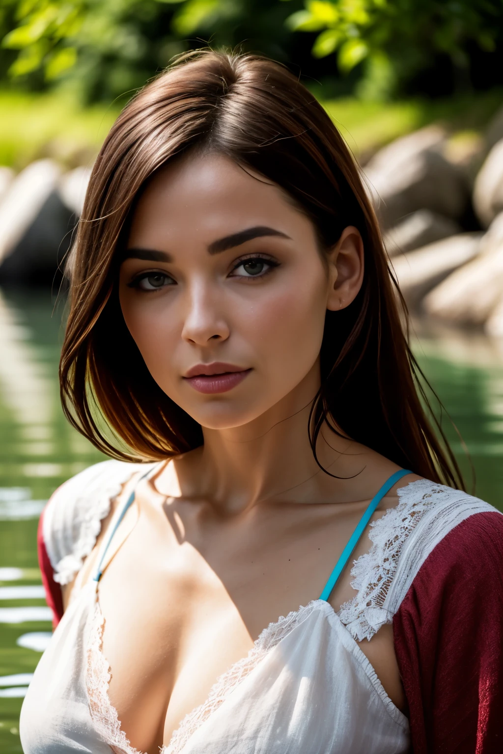 Portrait d'une rousse de 36 ans, Frenchwoman, Chest close-up, Disjointed cream-colored linen bustier, les mains dans les cheveux, Ultra-detailed skin texture, sexuality, seduction, regard amoureux, bouche entrouverte,in a river, rochers, arbres, soleil couchant, cinematic rendering, 32K, facial sharpness