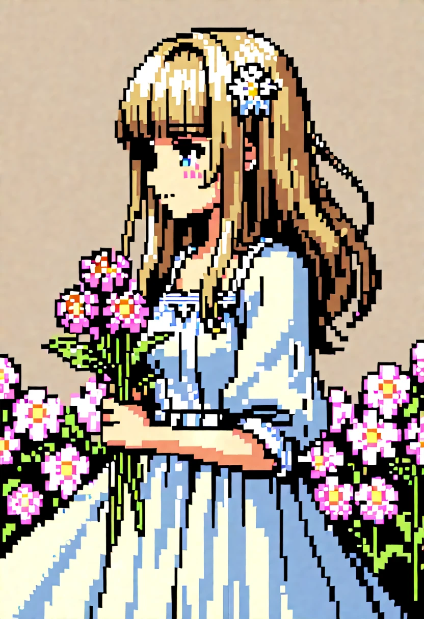 Detailed、High quality、Pale light blue antique dress、Beige long-haired girl、Blunt bangs、profile、Pixel art、pixelアートイラスト、pixel、Plain background、Upper Body 、For icons、pixel_Art Book,Composition centered on face、A calm face、Holding flowers、Flower Hair Ornaments、pixel、Game-style illustrations、Pixel art、pixel、Light Shading、Fluttering Hair、Back hair fluttering in the wind、pixel、Pixel art