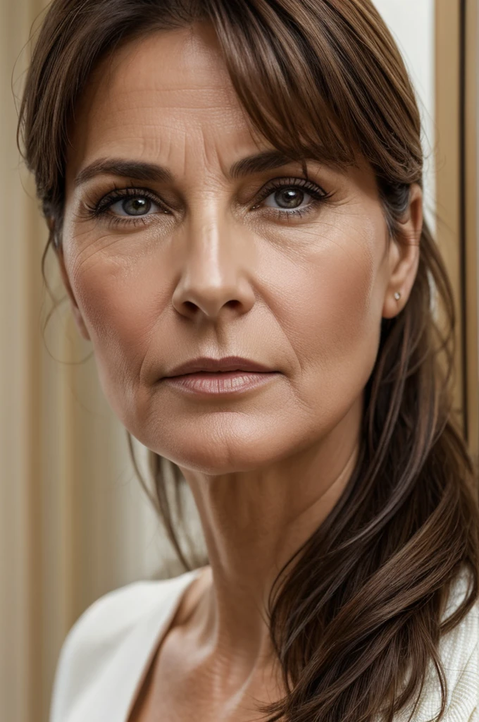  a fifty-year-old woman with English features, hazel eyes, straight brown hair, clear skin, serious look and looking elegant 