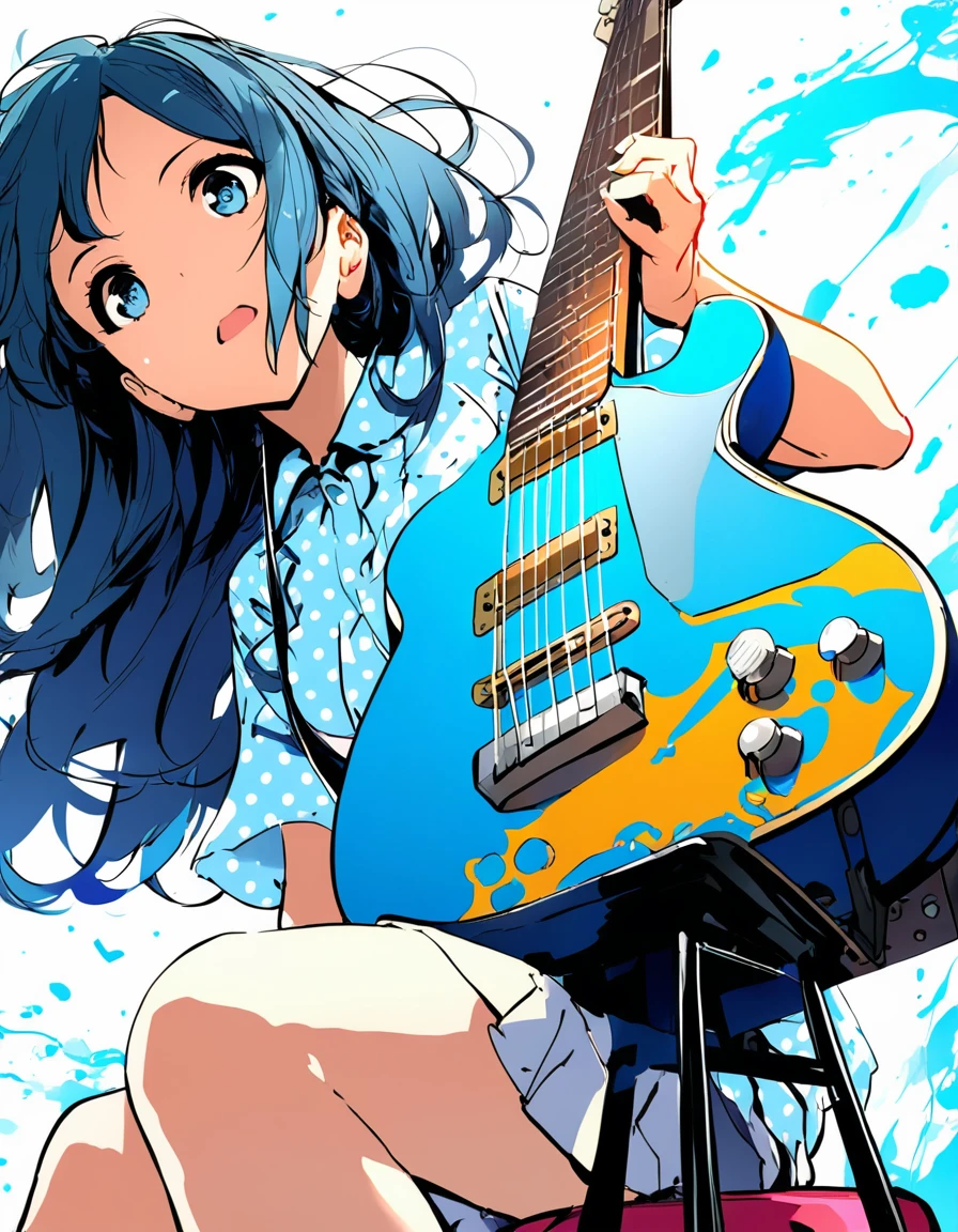 extremely clear 8K wallpaper, extremely delicate and detailed face:1.3, absurdres, masterpiece, pixiv contest winner, from below, by Demizu Posuka, Dynamic manga-style illustration of A girl is tuning the sound by turning the pegs after changing the strings of an electric guitar., The girl is sitting on a stool., The guitar is an aged Telecaster that looks like it has been played for many years, and the light blue paint is peeling off in places., The girl is wearing a polka-dot shirt., She was taking glee as if she couldn't help but feel excited., white background,
