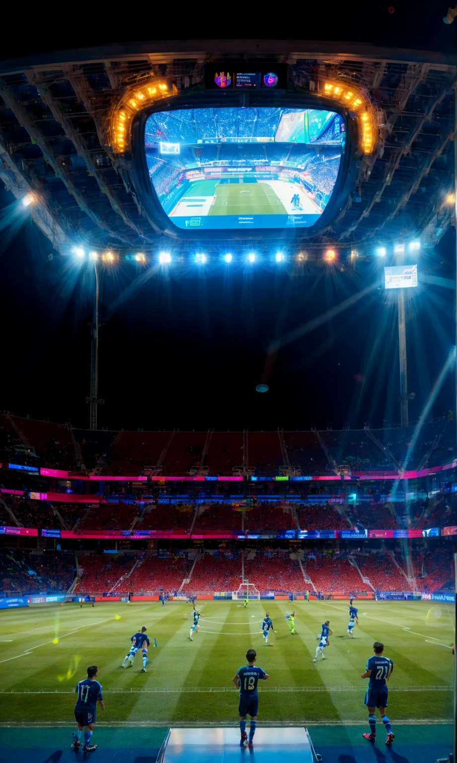 prompt: a photo of a man playing soccer game together with his team. they are on the field of the soccer stadium. the stadium is futuristic. there is a futuristic angular holographic LED display. the display is over head of the audience seats. there are two soccer players appeared on the display.—no monochrome color