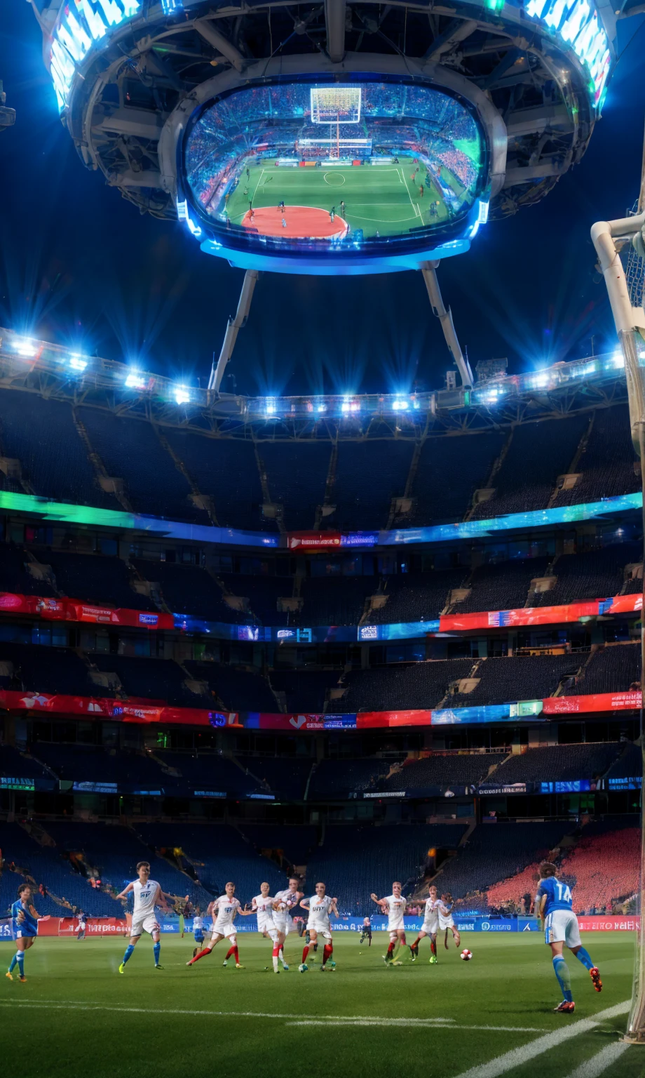 prompt: a photo of a man playing soccer game together with his team. they are on the field of the soccer stadium. the stadium is futuristic. there is a futuristic angular holographic LED display. the display is over head of the audience seats. there are two soccer players appeared on the display.—no monochrome color