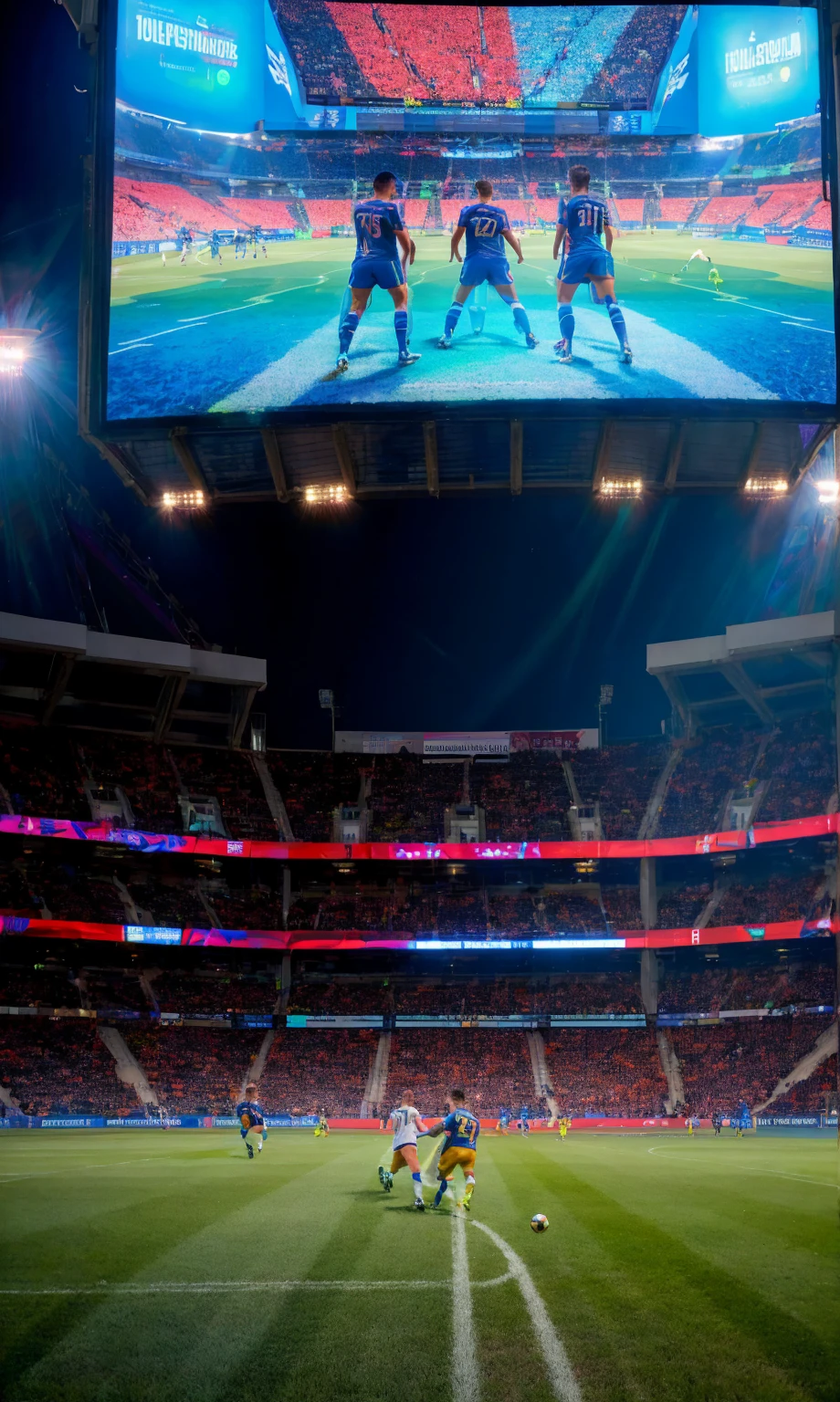 prompt: a photo of a man playing soccer game together with his team. they are on the field of the soccer stadium. the stadium is futuristic. there is a futuristic angular holographic LED display. the display is over head of the audience seats. there are two soccer players appeared on the display.—no monochrome color