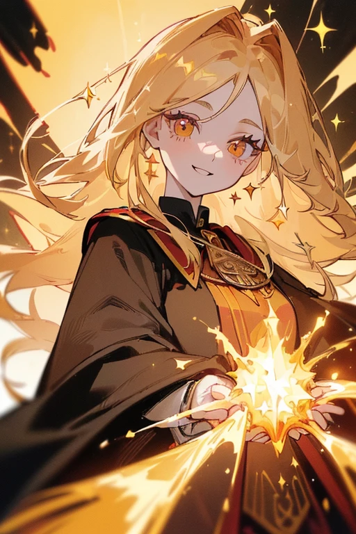 ((, Masterpiece: 1.5, best quality, high resolution: 1.3, super resolution, super detailed, ultra detailed: 1.3, Perfect Anatomy:1.5, 1 woman ) pale skin + long hair like fire + honey eyes + long eyelashes + female figure (hogwarts uniform, Gryffindor colors) ((open eyes, cute friendly expression, sparkle in eyes))