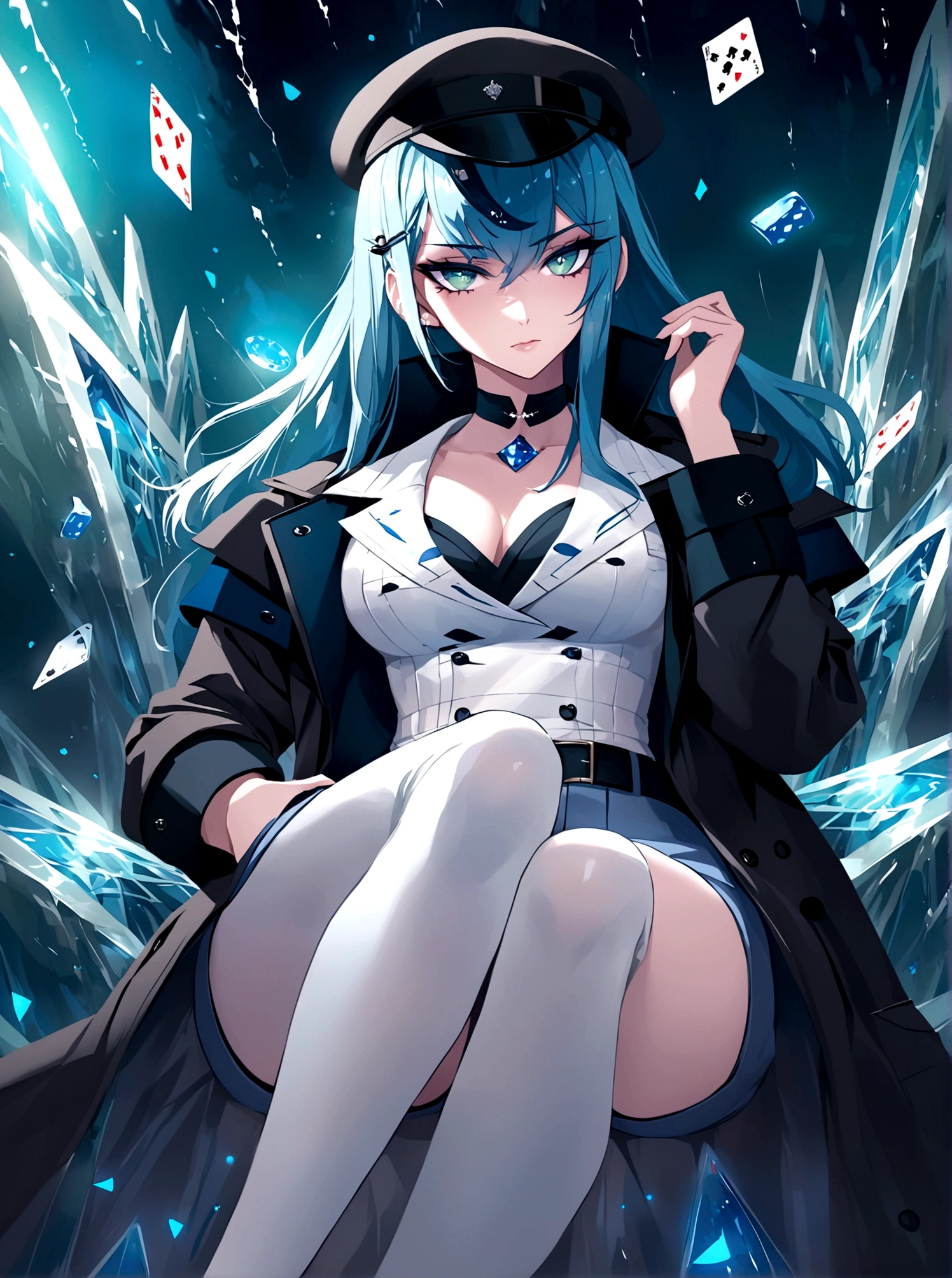Poker face,Hands in pockets,Exquisite facial features,Blue Hair,Green Eyes,Young women,Black trench coat