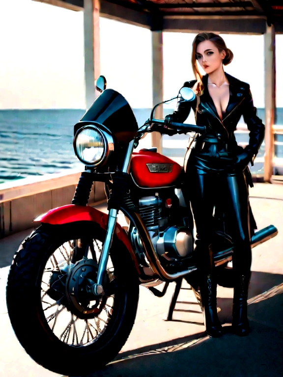 (masutepiece), Full body shot, photo of the Suzuki whole motorcycle, Cute young woman in Evrope, Ride an old traditional shiny metallic silver motorcycle at the wharf, glamorous shape, shoulder length shiny smooth light brown hair, Wearing a leather black riding jacket, Glossy satin red bikini under riding jacket, Leather Black Riding Gloves, Leather Black Pants, Leather Black High Heel Long Boots, staring at night view over the sea, absolutely pretty face, Double eyelids, Natural makeup, long eyelashes, Glossy lips, 8K resolution, high details, detailed hairstyle, Detailed face, Black eyes, elegent, epicd, Cinematic lighting, Octane Rendering, Vibrant, Hyper realistic, Fair skin, Perfect limbs, Perfect Anatomy