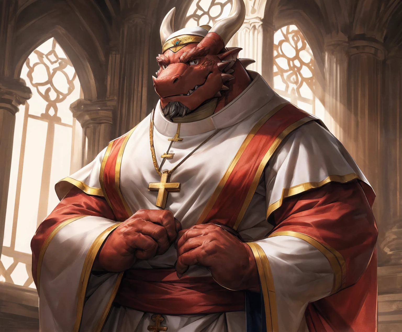 human nature, cannon, male, solitary, ((the strong，Handsome)), (dragon),((Traditional Catholic Pope outfit，西方dragondragon角))， standing，((Traditional Catholic style))，Hand in hand cross，high quality, (4K,high quality, high resolution, masterpiece), Front view (close up), cartoon,by lindong