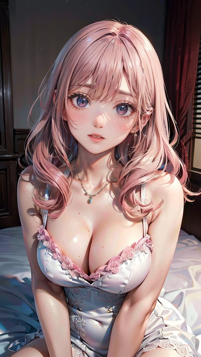 (Masterpiece, BestQuality:1.3), (ultra detailed:1.2), (hyperrealistic:1.3), (RAW photo:1.2), High detail RAW color photo, professional photograph, (Photorealistic:1.4), (realistic:1.4), (Pink Hair:1.5), professional lighting, perfect anatomy, (Big Breasts:1.2), (blush, detailed face), (A happy smile:1.7), Trending Hair&Trending Hairカラーをランダムに, earrings, necklace, bracelet, sexly, erotic sexly, Random sexy gravure poses, (Sexy woman in white gown、Inside the bedroom、Sweet smile、Long Wavy Hair、Pose for sitting on bed。:1.3)