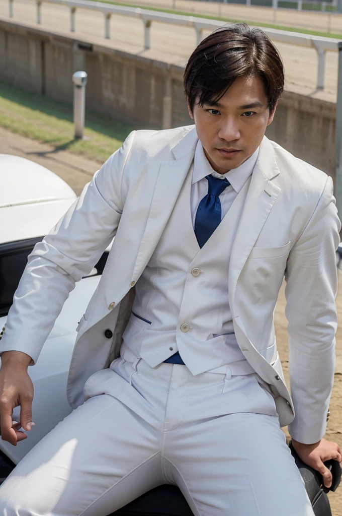 Asian man in a white suit , sitting on a black horse with blue eyes , at the races