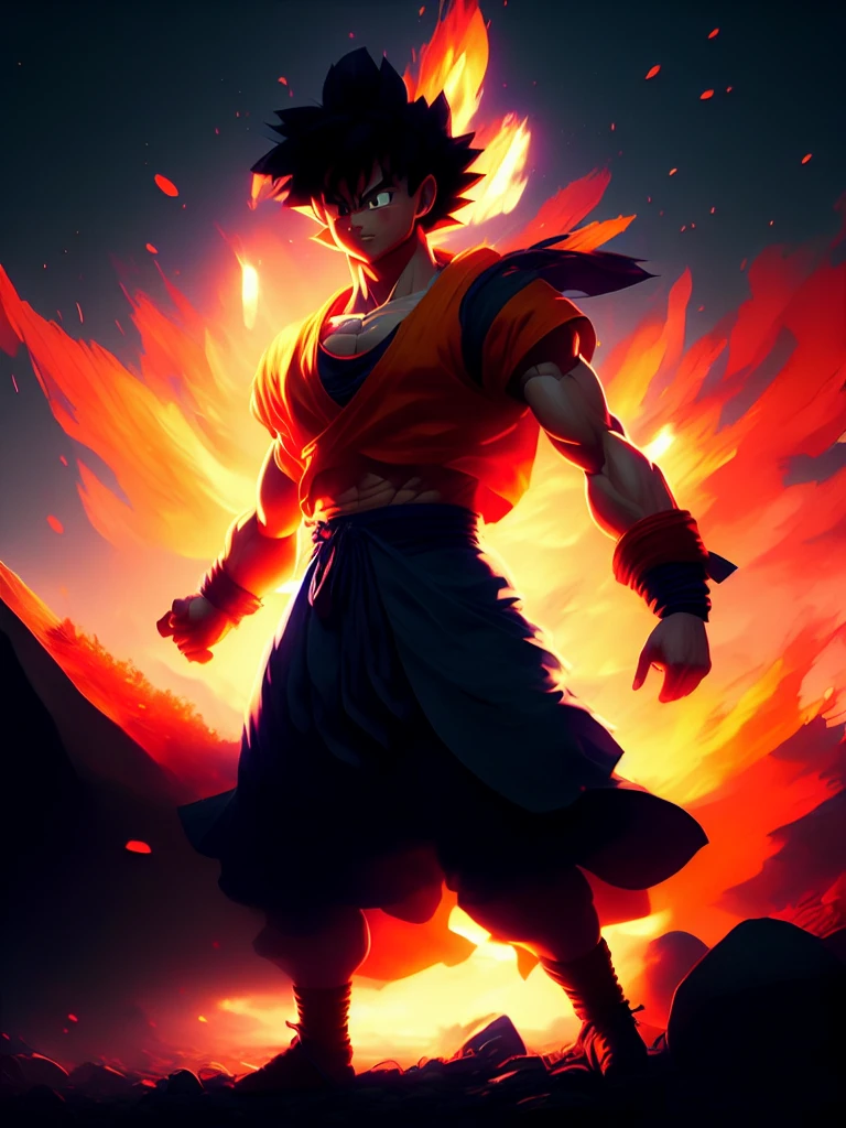 dreamlikeart a painting of illustration of Goku wearing a skirt cinematic lighting, wide shot, 8K, trending on artstation in the style of Greg Rutkowskim 16:9 ratio