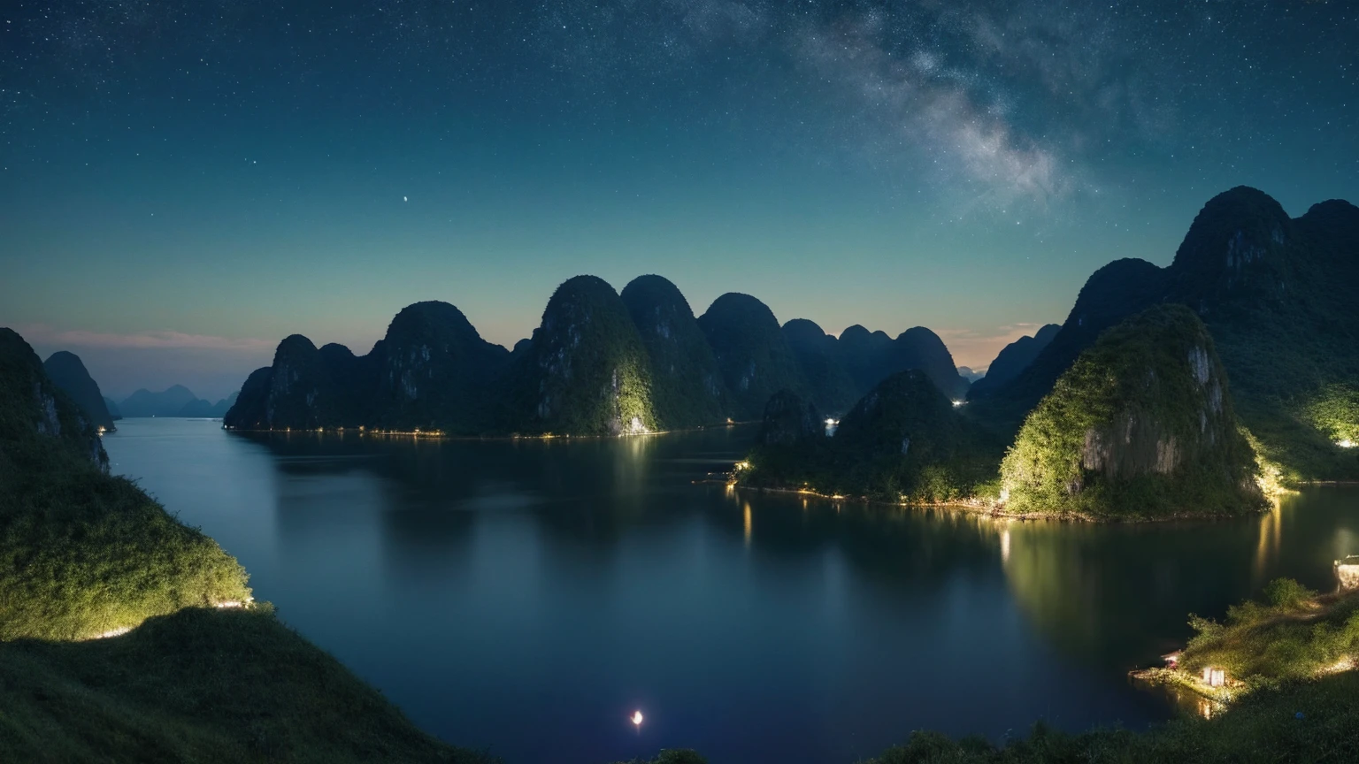 night view与一些亚洲人的房子, Vietnam, Vietnam, Ha Giang, Moon, lake in the foreground, quiet night, green and blue, Digital illustration, Highly detailed 4K digital art, night view, bottom of'4k animated screen, bottom of'4k animated screen, Detailed digital art 4k, natural landscape at night, bottom of'screen'8K animated art, work of'background, Bel art ultra hd 4k, bottom of'screen'4k high definition illustration