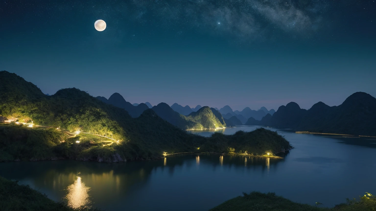 night view与一些亚洲人的房子, Vietnam, Vietnam, Ha Giang, Moon, lake in the foreground, quiet night, green and blue, Digital illustration, Highly detailed 4K digital art, night view, bottom of'4k animated screen, bottom of'4k animated screen, Detailed digital art 4k, natural landscape at night, bottom of'screen'8K animated art, work of'background, Bel art ultra hd 4k, bottom of'screen'4k high definition illustration