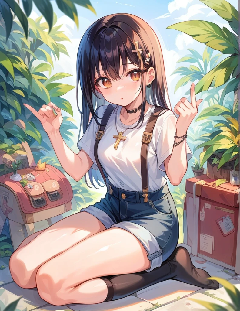 Girl,Sit cross-legged,Suspenders,shorts,sock,Shooting from bottom to top,Biye gesture,Prop up the ground with one hand,Exquisite