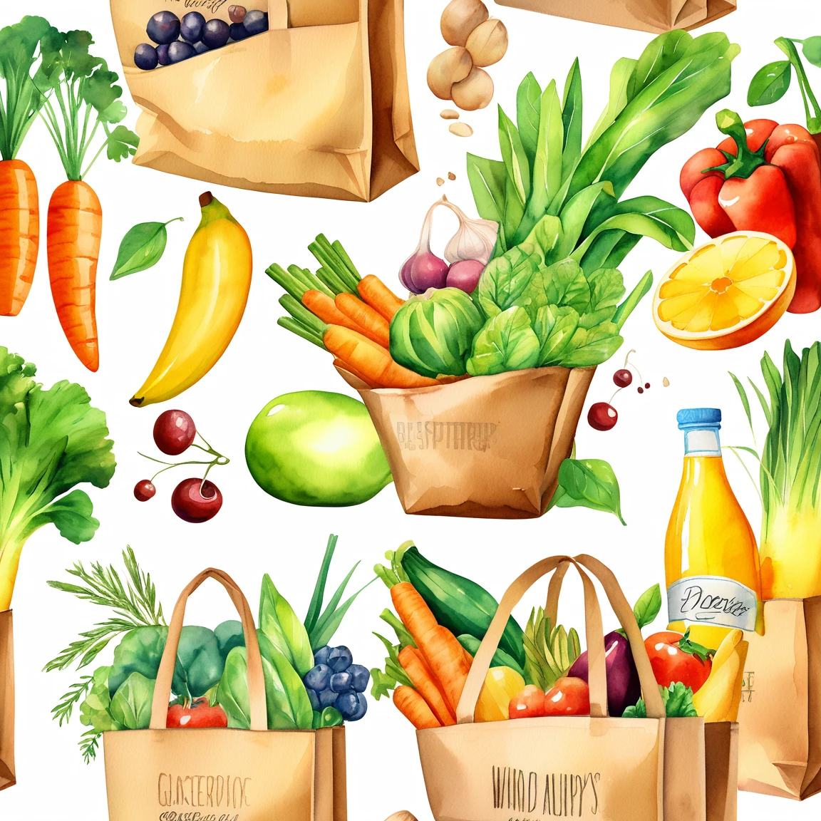 a picture of a cartoon grocery bag full of many kind fresh healthy food, ((best quality)), ((masterpiece)), (detailed), ((best quality)), ((masterpiece)), (detailed), loose watercolor, minimalist, against plain brilliant white background, isolated, fresh, tasty, delicious, vibrant color