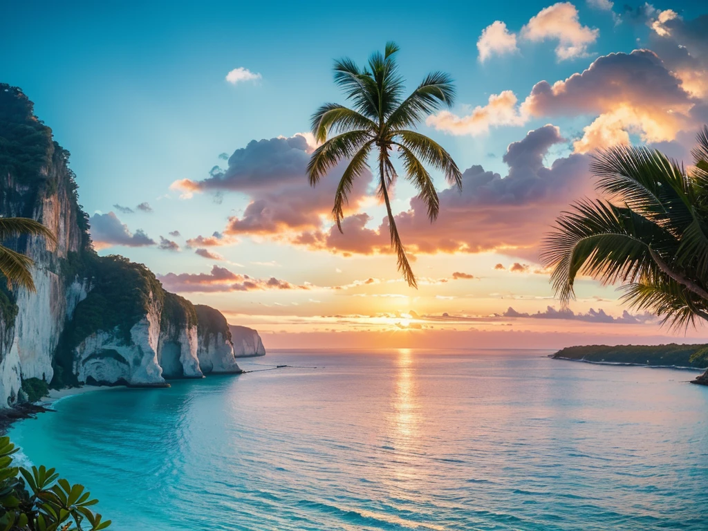 a stunning tropical paradise, a beautiful coastal landscape, pristine white sand beaches, crystal clear turquoise waters, lush green palm trees, colorful coral reefs, exotic wildlife, vibrant nature reserves, dramatic cliffs, photogenic scenery, serene and tranquil atmosphere, golden hour lighting, cinematic composition, hyperrealistic, highly detailed, masterpiece, 8K, photorealistic, professional photographer, stunning natural beauty