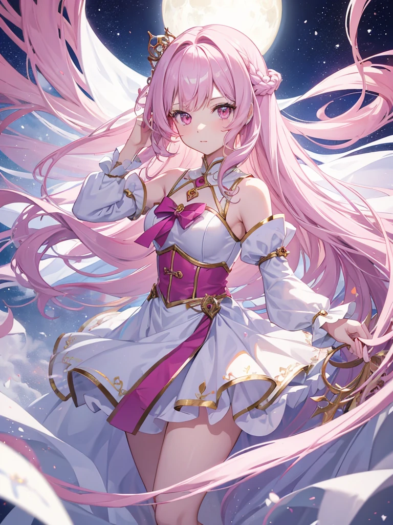 1girl, anime teen girl, pink eyes color, long hair fantasy princess hairstyles, studio anime art style, white princess dress outfit, hair color:#fdfafa, fun expression smiles, fun smile, fantasy castle king hall, snow white walls, detailed face, detailed hands, detailed eyes, detailed lips, extremely detailed high quality, masterpiece, (best quality,4k,8k,highres,masterpiece:1.2), cinematic lighting,