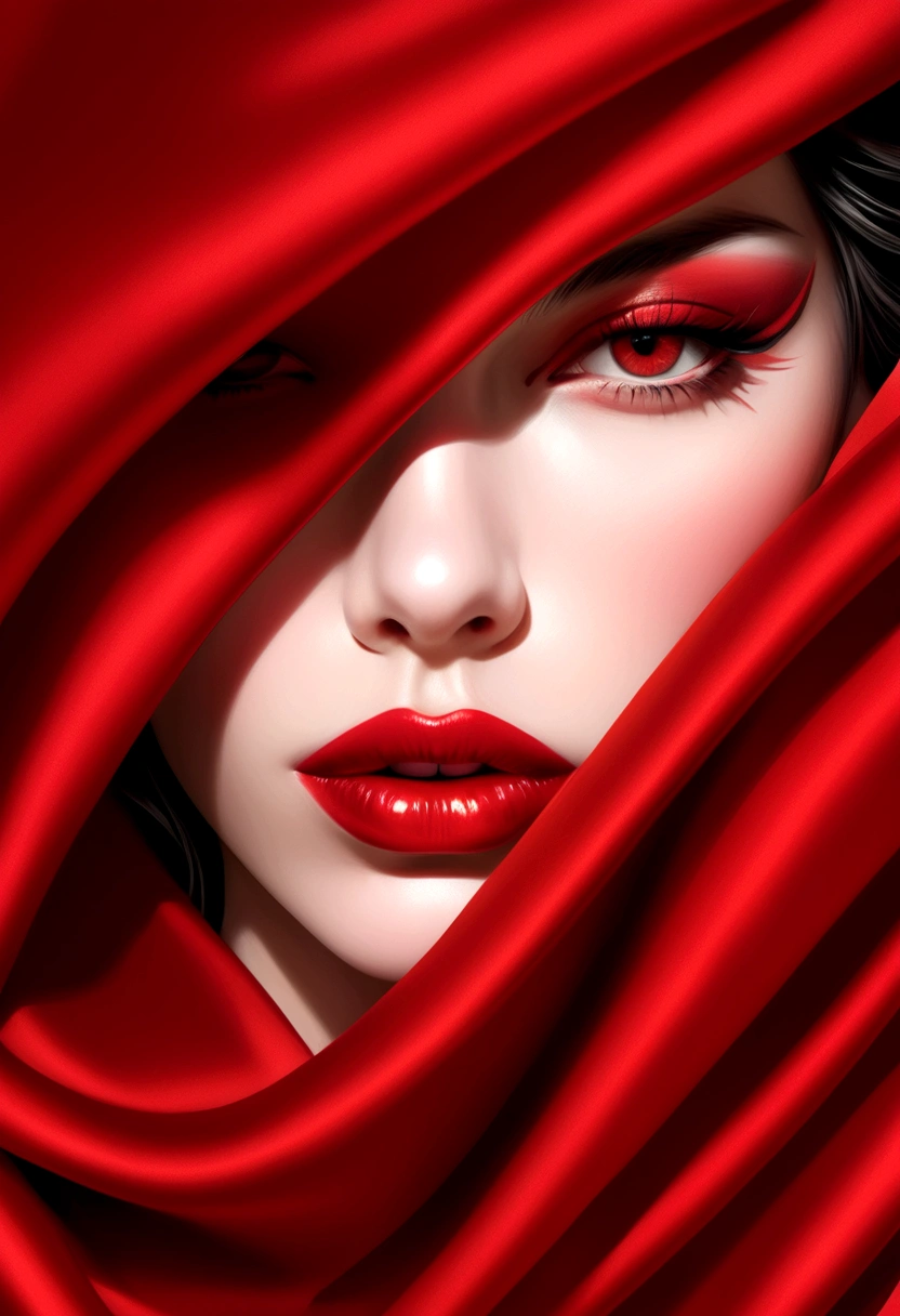 beautiful woman with her eyes covered in red silk, photographed in the style of fashion photographer Hedi Slimane. The background is an abstract composition made entirely of red fabric. Her lips have glossy lipstick on them. --ar 3:4 --s 1000