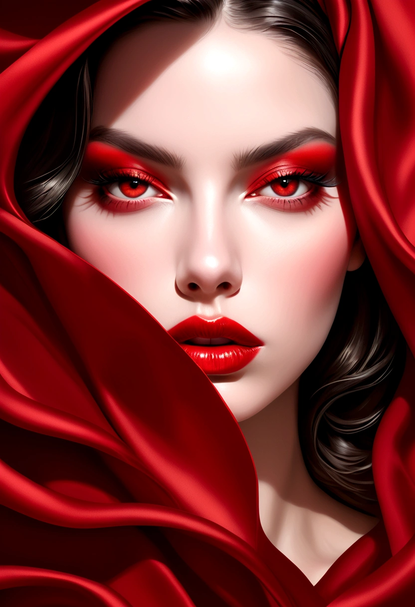 beautiful woman with her eyes covered in red silk, photographed in the style of fashion photographer Hedi Slimane. The background is an abstract composition made entirely of red fabric. Her lips have glossy lipstick on them. --ar 3:4 --s 1000