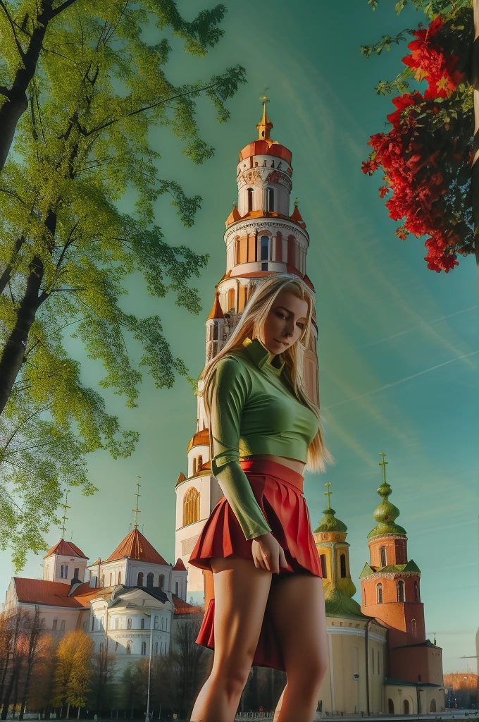 Lituania, pretty women blonde, ((In Vilnius City)), (((the Vilnius cathedrale tower))), (((wear a green top)), (((wear a red skirt)))
